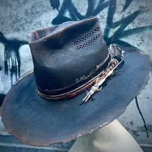 OUTLAW Custom Distressed Shantung Straw Wide Brim Hat